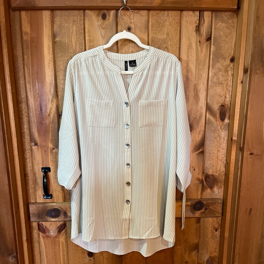 New Directions 1X button front tunic, three-quarter sleeves, cream and white - Picture 1 of 6